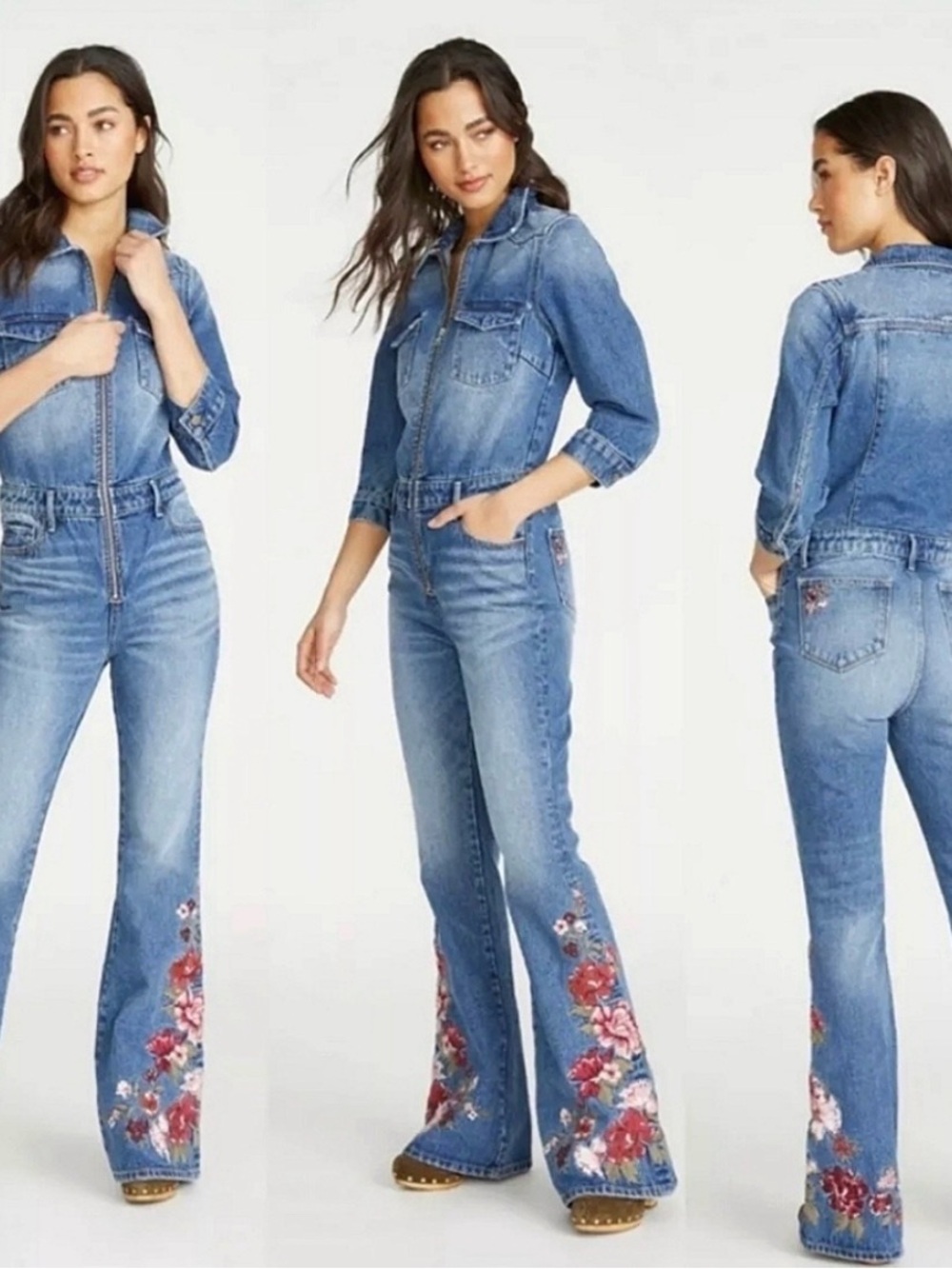 Driftwood Denim Flare Jumpsuit Floral Embroidered Size XS